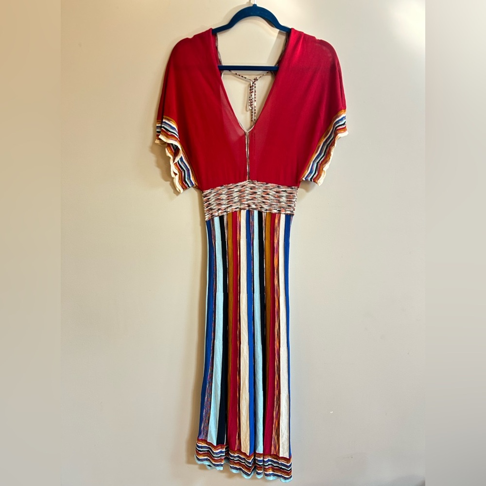 Ottod’Ame Italy Multicolored Knit Viscose V-Neck Tie Back Long Boho Dress Spring